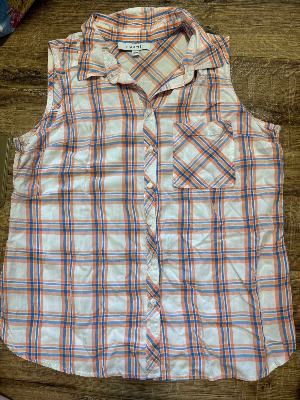 mystyle Orange & Blue Plaid Sleeveless Button-Down Shirt